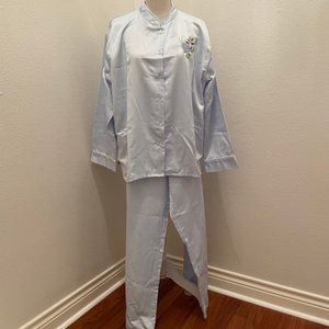 Sky Blue Brushed Satin/Cotton Pajama Set w/Floral Embroidery Accent